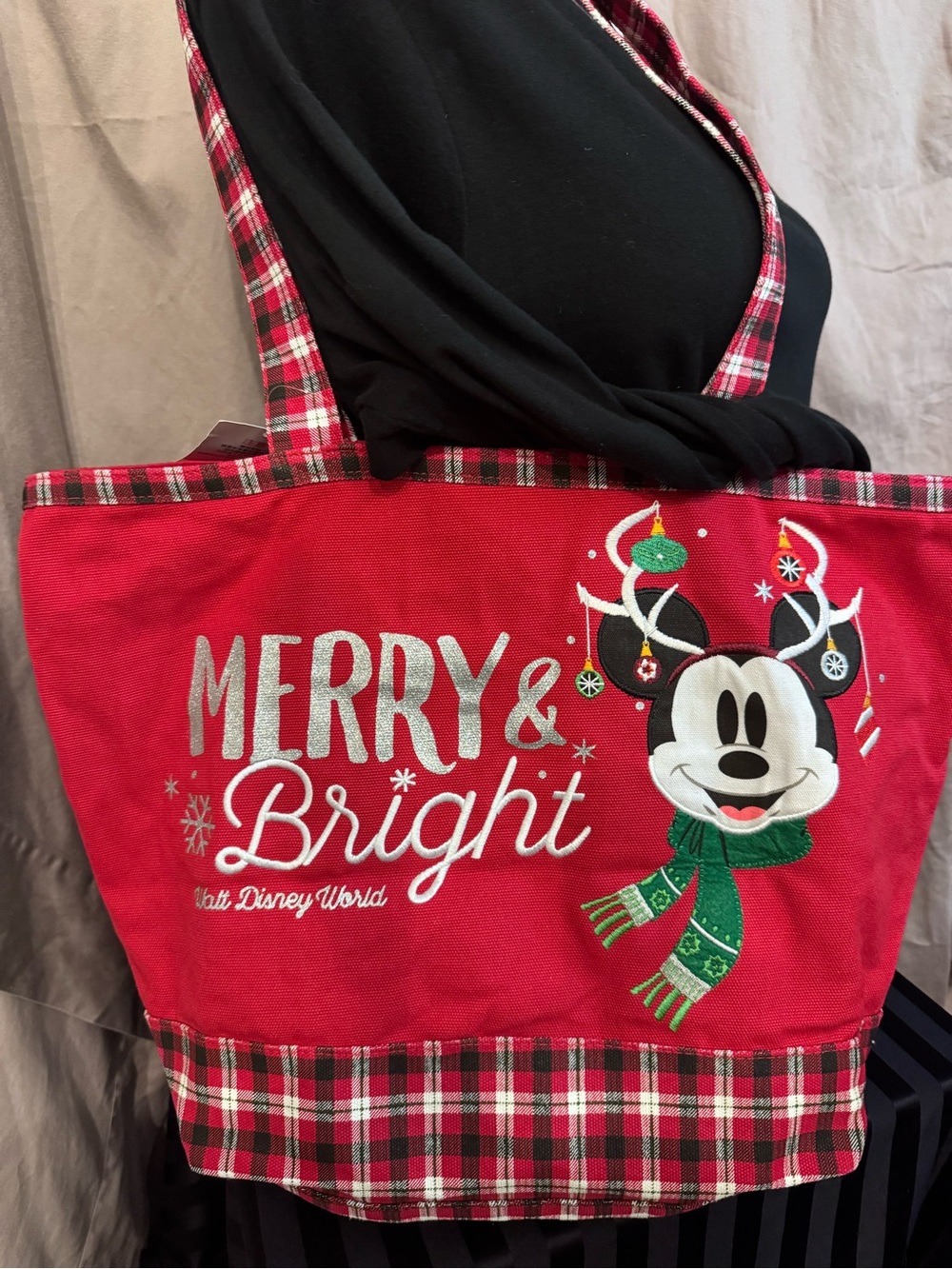 Disney Parks Red Plaid 'Merry & Bright' Holiday Tote with Mickey